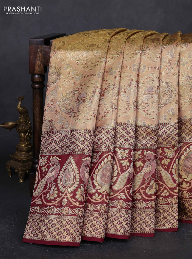 Peach & Wine Pure Kanchipuram Tissue Silk - Mina Border