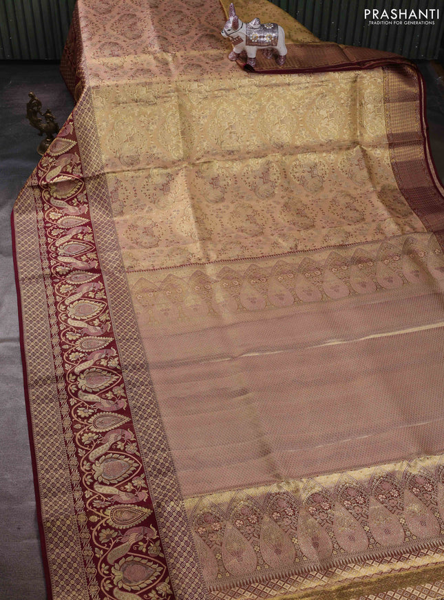 Peach & Wine Pure Kanchipuram Tissue Silk - Mina Border