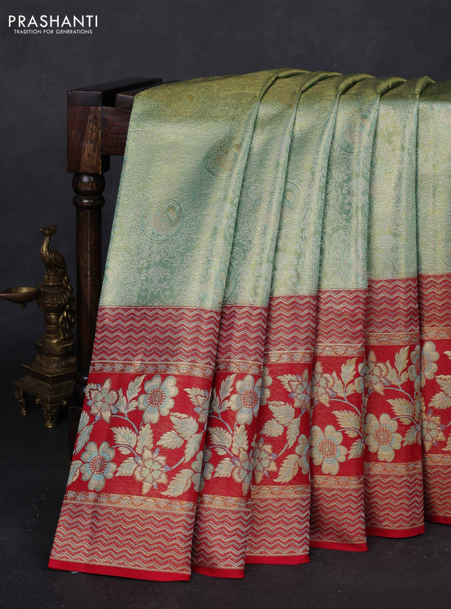 Pastel Green & Red Pure Kanchipuram Tissue Silk - Mina Border