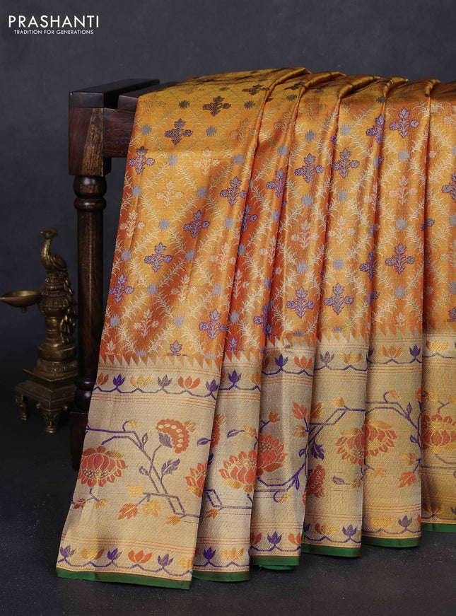 Orange & Green Pure Kanchipuram Tissue Silk - Mina Border