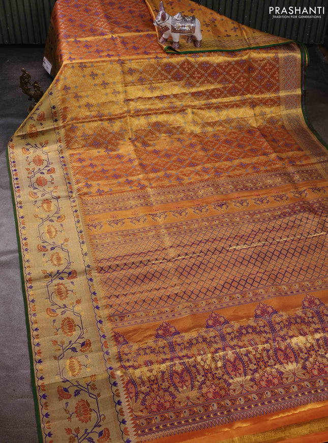 Orange & Green Pure Kanchipuram Tissue Silk - Mina Border