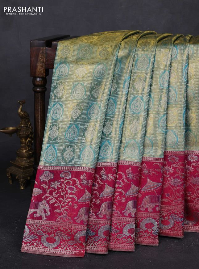 Green & Magenta Pink Pure Kanchipuram Tissue Silk - Mina Border