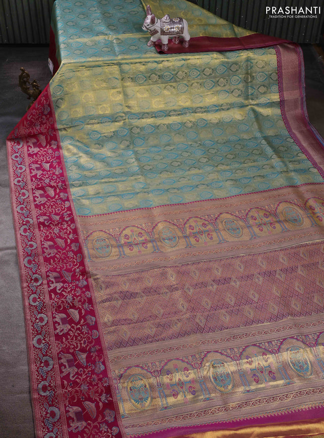 Green & Magenta Pink Pure Kanchipuram Tissue Silk - Mina Border