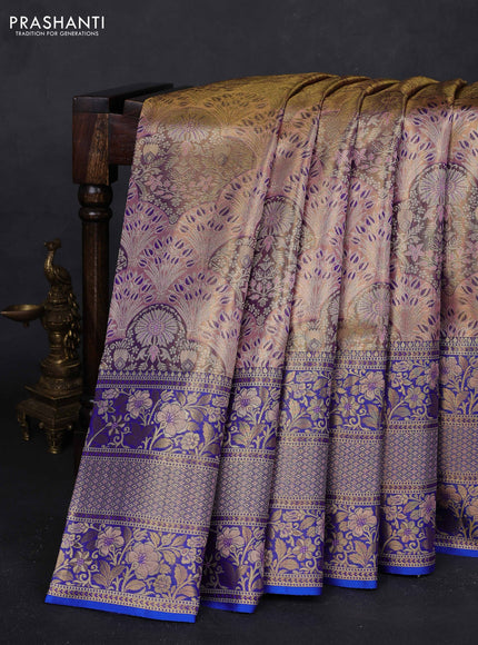 Peach & Blue Pure Kanchipuram Tissue Silk - Mina Border
