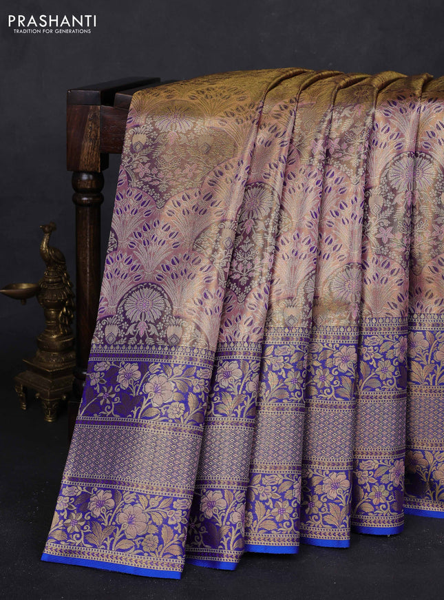 Peach & Blue Pure Kanchipuram Tissue Silk - Mina Border