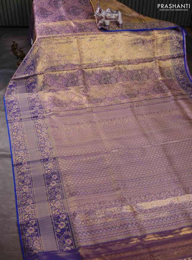 Peach & Blue Pure Kanchipuram Tissue Silk - Mina Border