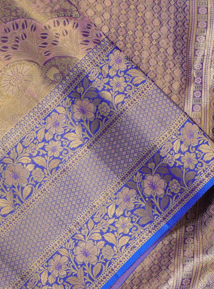 Peach & Blue Pure Kanchipuram Tissue Silk - Mina Border