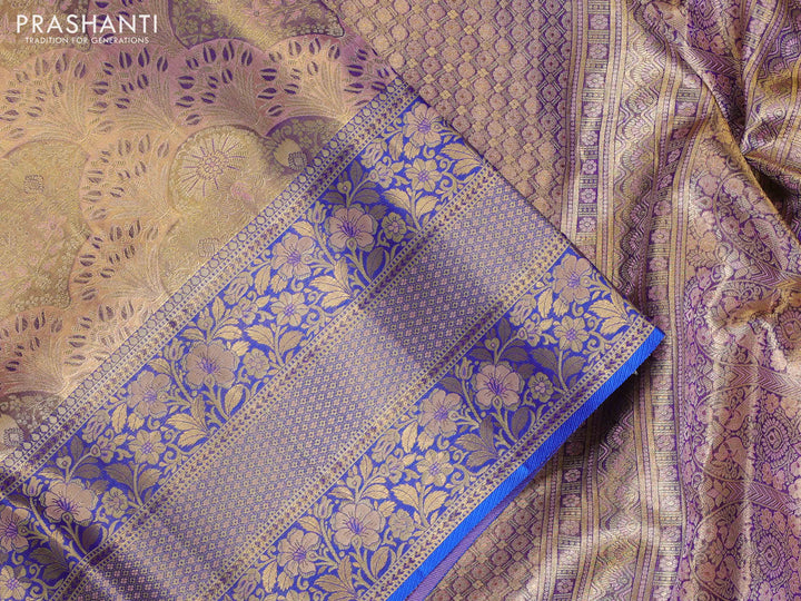 Peach & Blue Pure Kanchipuram Tissue Silk - Mina Border