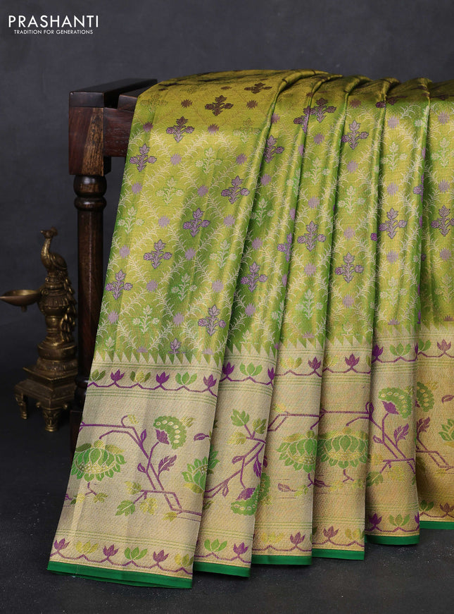 Lime Green & Green Pure Kanchipuram Tissue Silk - Mina Border