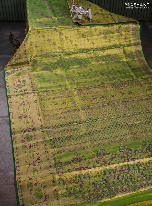 Lime Green & Green Pure Kanchipuram Tissue Silk - Mina Border