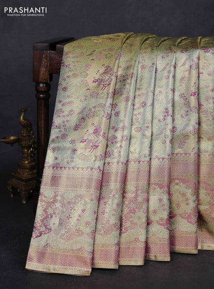 Elaichi Green & Purple Pure Kanchipuram Tissue Silk - Mina Border