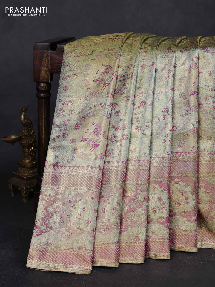 Elaichi Green & Purple Pure Kanchipuram Tissue Silk - Mina Border