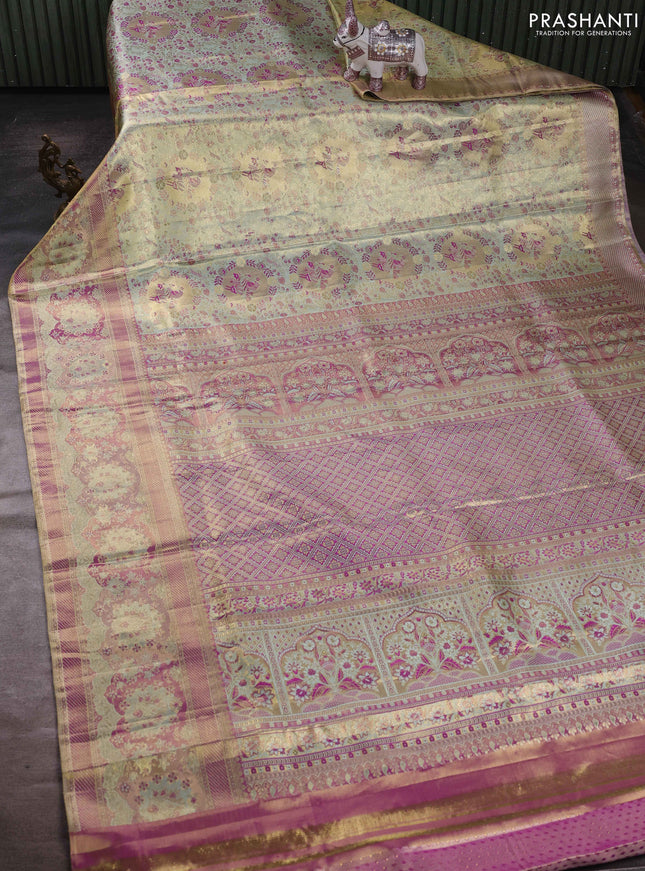 Elaichi Green & Purple Pure Kanchipuram Tissue Silk - Mina Border