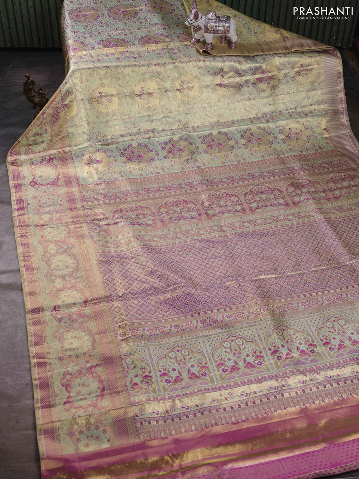 Elaichi Green & Purple Pure Kanchipuram Tissue Silk - Mina Border