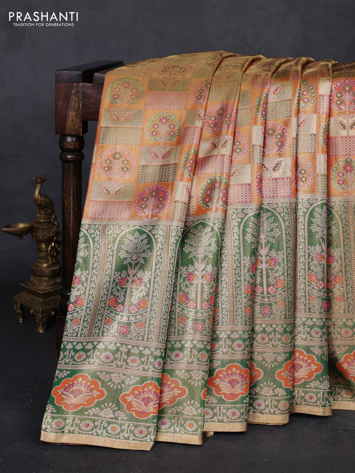 Rust & Green Pure Kanchipuram Tissue Silk - Mina Border