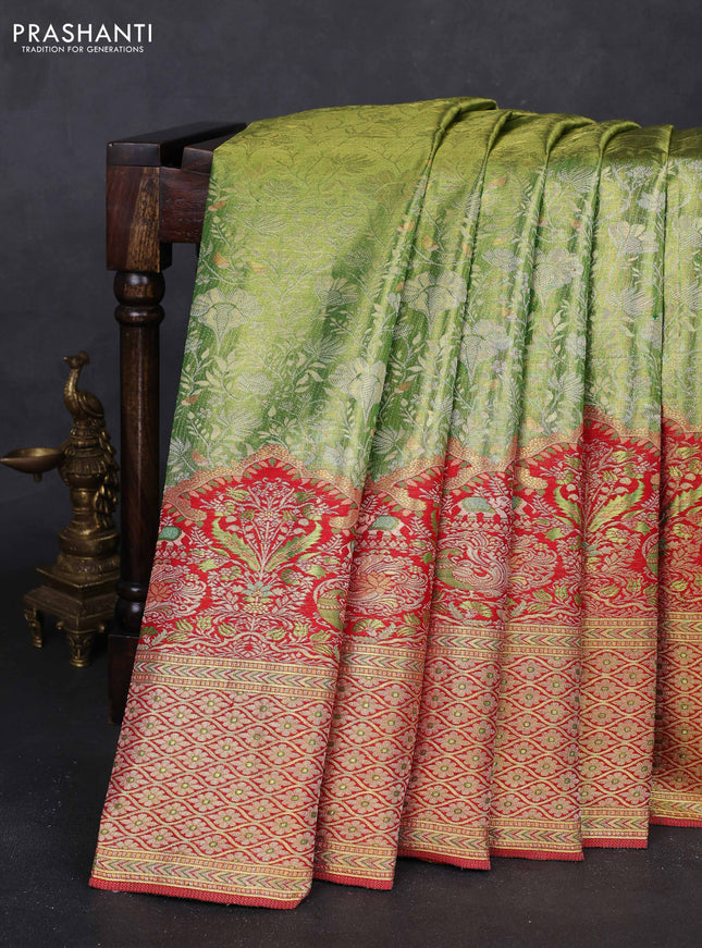 Lime Green & Red Pure Kanchipuram Tissue Silk - Mina Border
