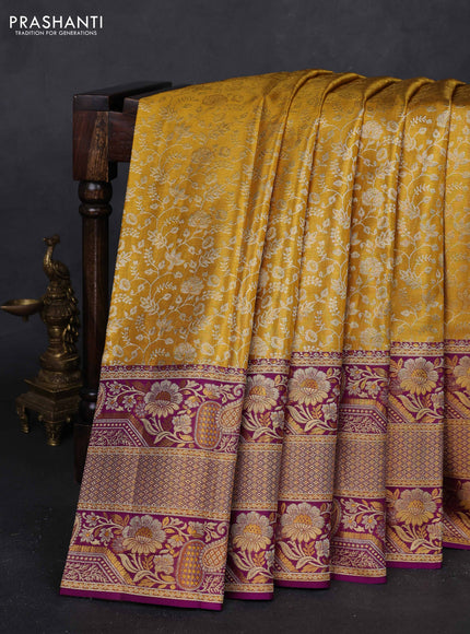 Mustard Yellow & Purple Pure Kanchipuram Tissue Silk - Mina Border