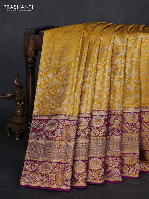 Mustard Yellow & Purple Pure Kanchipuram Tissue Silk - Mina Border