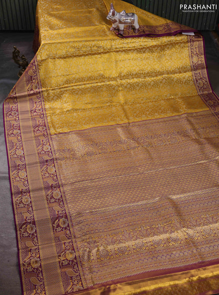 Mustard Yellow & Purple Pure Kanchipuram Tissue Silk - Mina Border