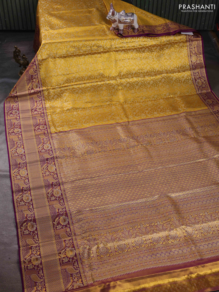Mustard Yellow & Purple Pure Kanchipuram Tissue Silk - Mina Border