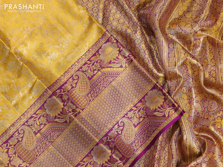 Mustard Yellow & Purple Pure Kanchipuram Tissue Silk - Mina Border