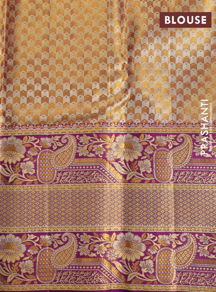 Mustard Yellow & Purple Pure Kanchipuram Tissue Silk - Mina Border