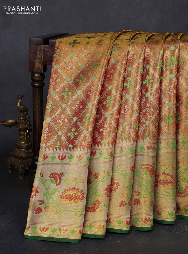 Mustard Yellow & Green Pure Kanchipuram Tissue Silk - Mina Border