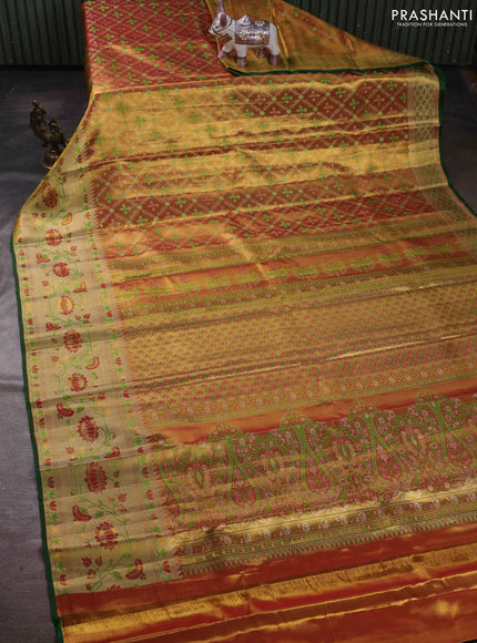 Mustard Yellow & Green Pure Kanchipuram Tissue Silk - Mina Border