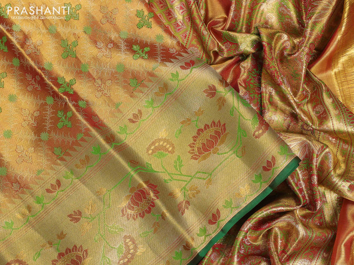 Mustard Yellow & Green Pure Kanchipuram Tissue Silk - Mina Border