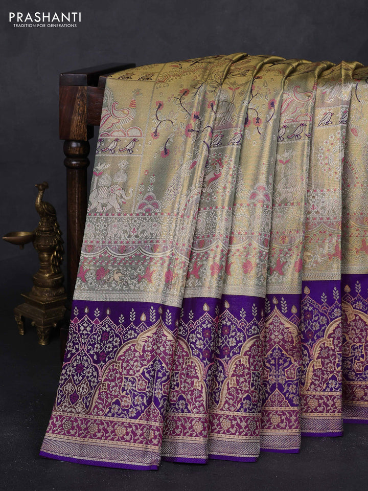 Gold & Violet Pure Kanchipuram Tissue Silk - Mina Border