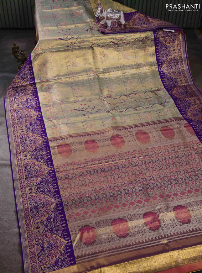Gold & Violet Pure Kanchipuram Tissue Silk - Mina Border