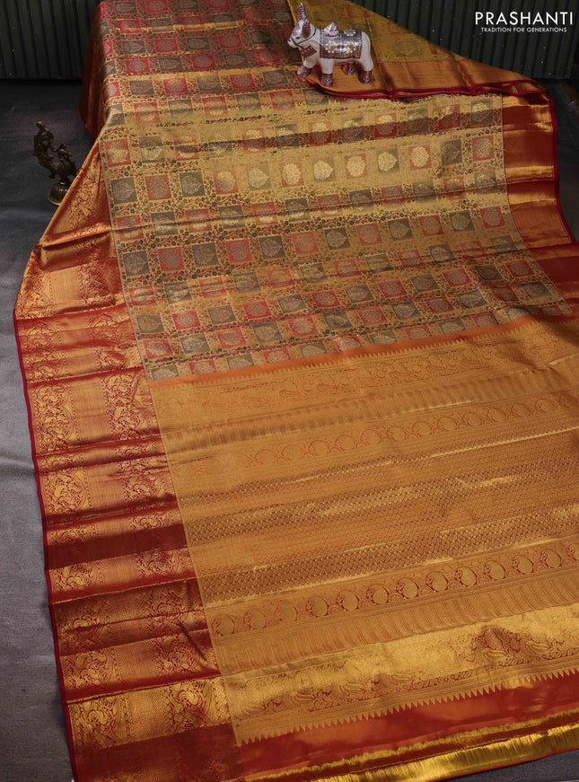 Gold & Maroon Pure Kanchipuram Tissue Silk - Mina Border