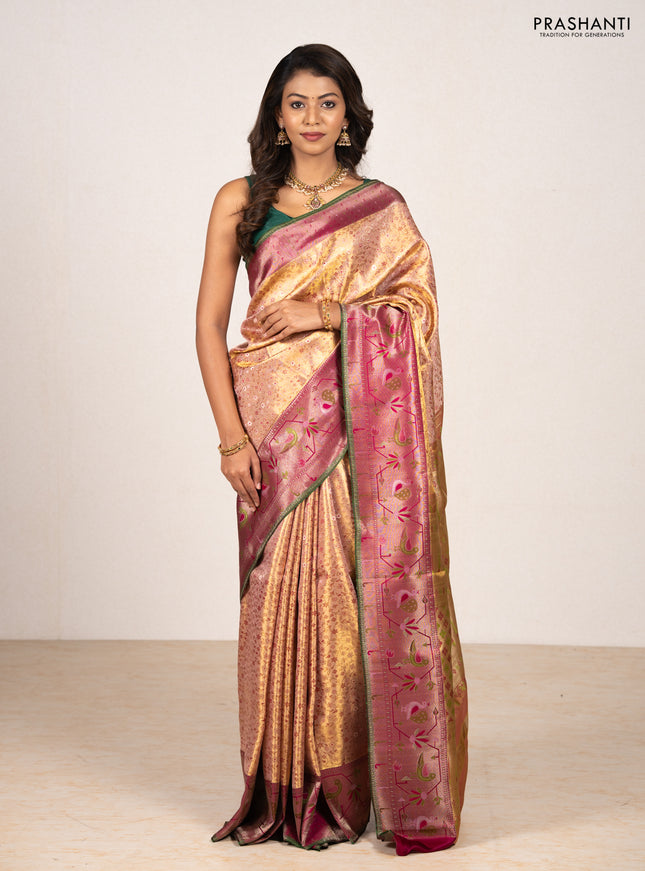 Peach    & Magenta Pink Pure Kanchipuram Tissue Silk - Mina Border