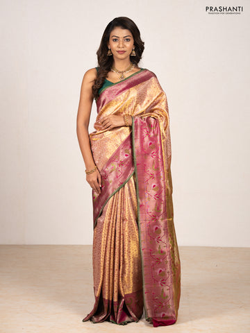 Peach    & Magenta Pink Pure Kanchipuram Tissue Silk - Mina Border