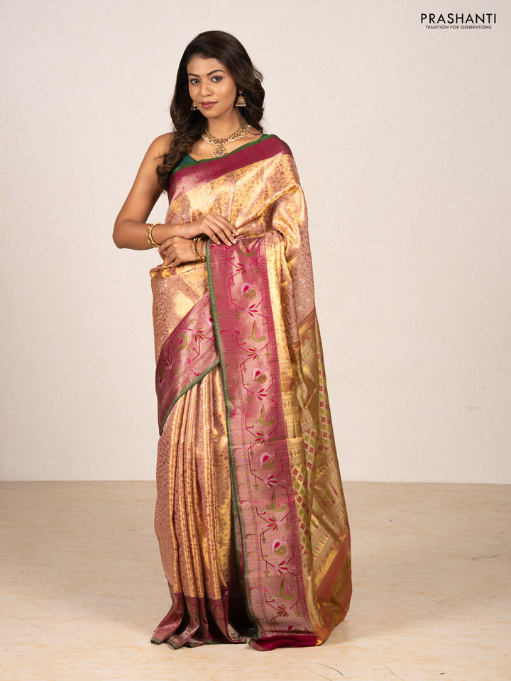 Peach    & Magenta Pink Pure Kanchipuram Tissue Silk - Mina Border