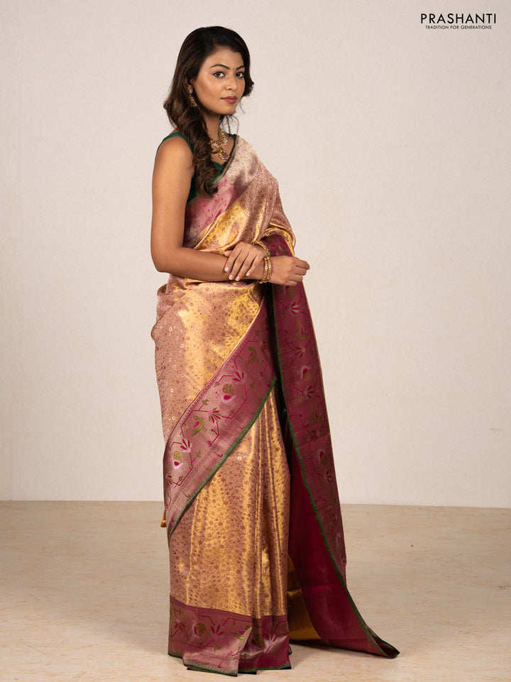 Peach    & Magenta Pink Pure Kanchipuram Tissue Silk - Mina Border