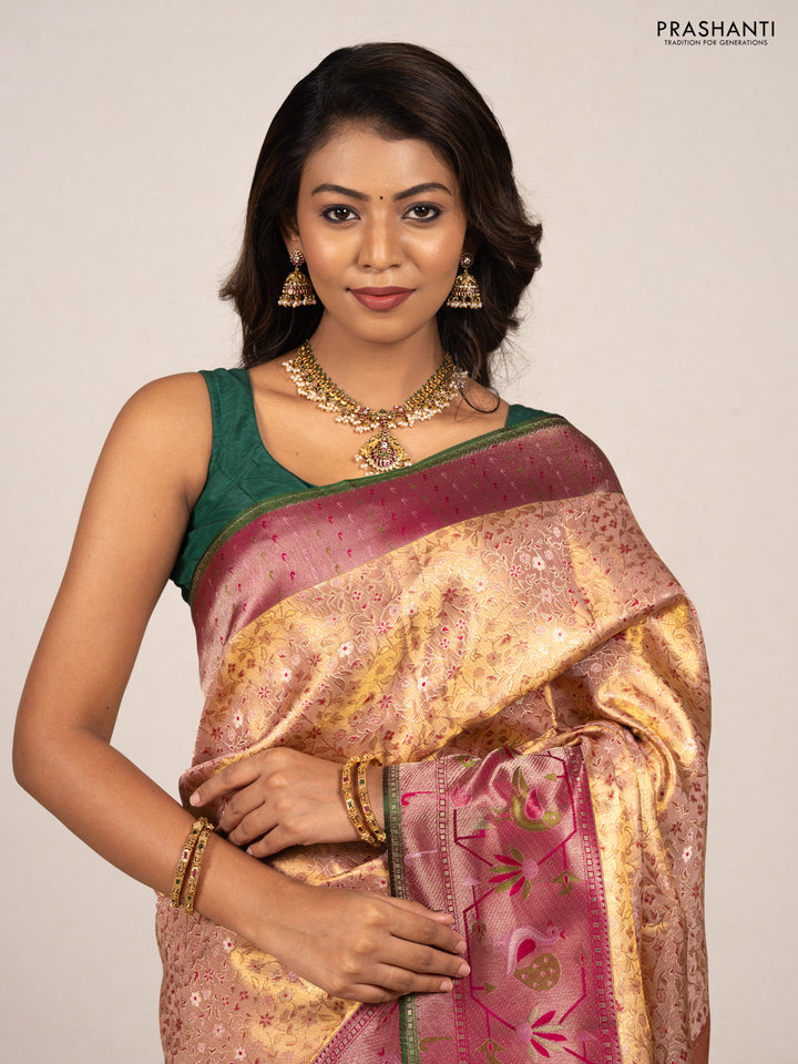 Peach    & Magenta Pink Pure Kanchipuram Tissue Silk - Mina Border