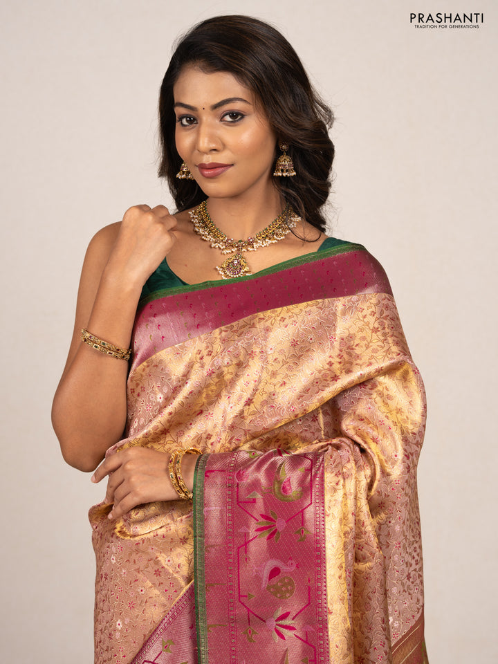 Peach    & Magenta Pink Pure Kanchipuram Tissue Silk - Mina Border