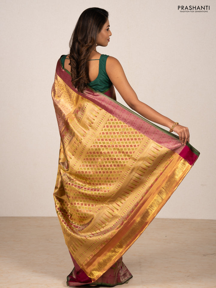Peach    & Magenta Pink Pure Kanchipuram Tissue Silk - Mina Border