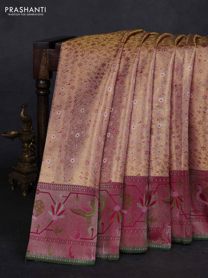 Peach    & Magenta Pink Pure Kanchipuram Tissue Silk - Mina Border