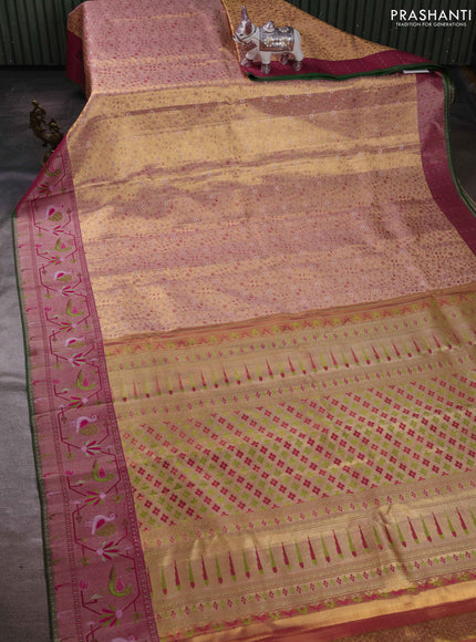 Peach    & Magenta Pink Pure Kanchipuram Tissue Silk - Mina Border