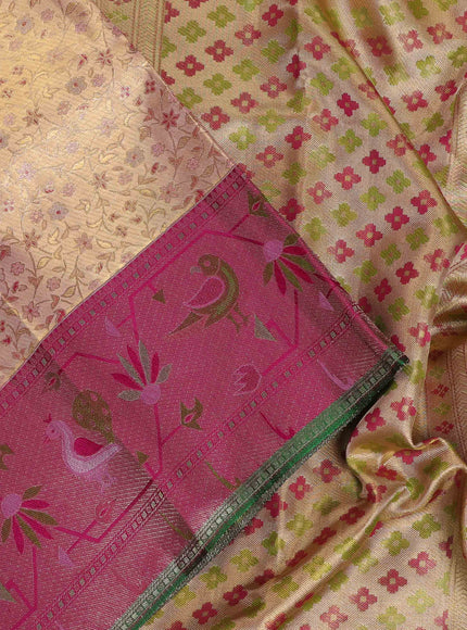 Peach    & Magenta Pink Pure Kanchipuram Tissue Silk - Mina Border