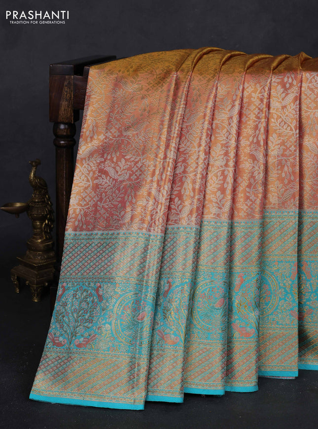 Peach Orange & Teal Green Pure Kanchipuram Tissue Silk - Mina Border