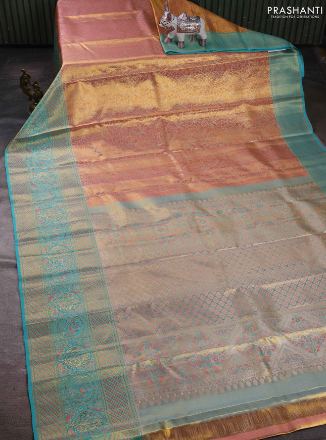 Peach Orange & Teal Green Pure Kanchipuram Tissue Silk - Mina Border