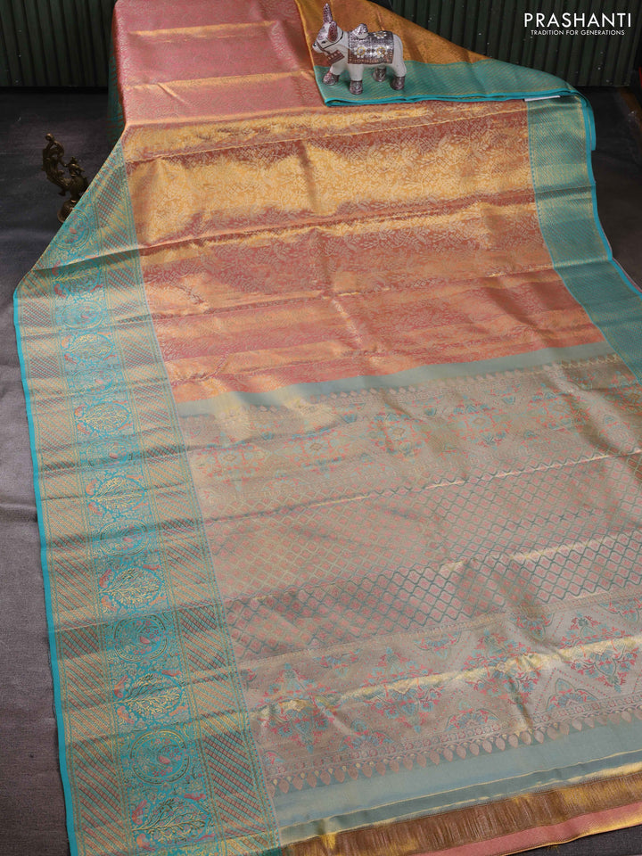 Peach Orange & Teal Green Pure Kanchipuram Tissue Silk - Mina Border