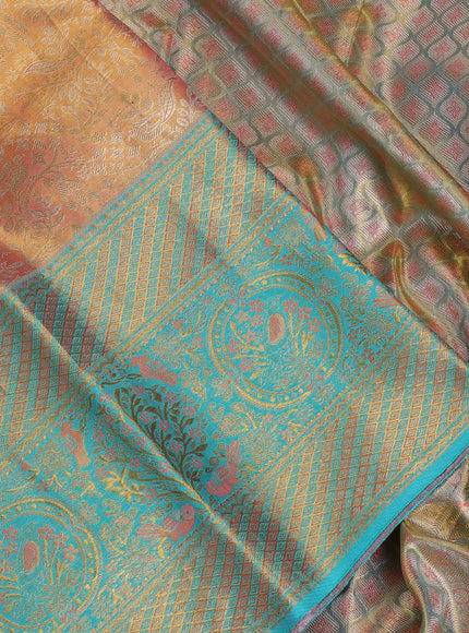 Peach Orange & Teal Green Pure Kanchipuram Tissue Silk - Mina Border