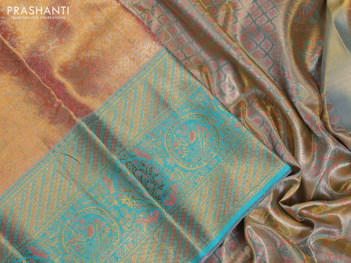 Peach Orange & Teal Green Pure Kanchipuram Tissue Silk - Mina Border