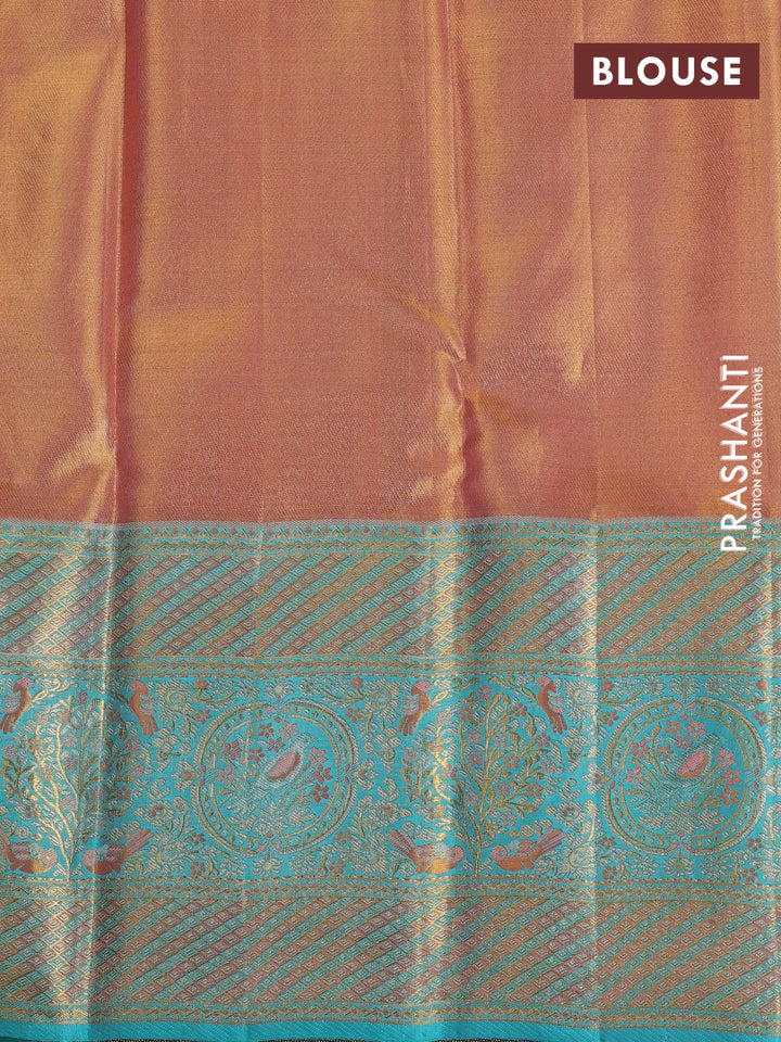 Peach Orange & Teal Green Pure Kanchipuram Tissue Silk - Mina Border