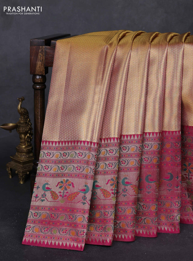 Gold & Magenta Pink Pure Kanchipuram Tissue Silk - Mina Border