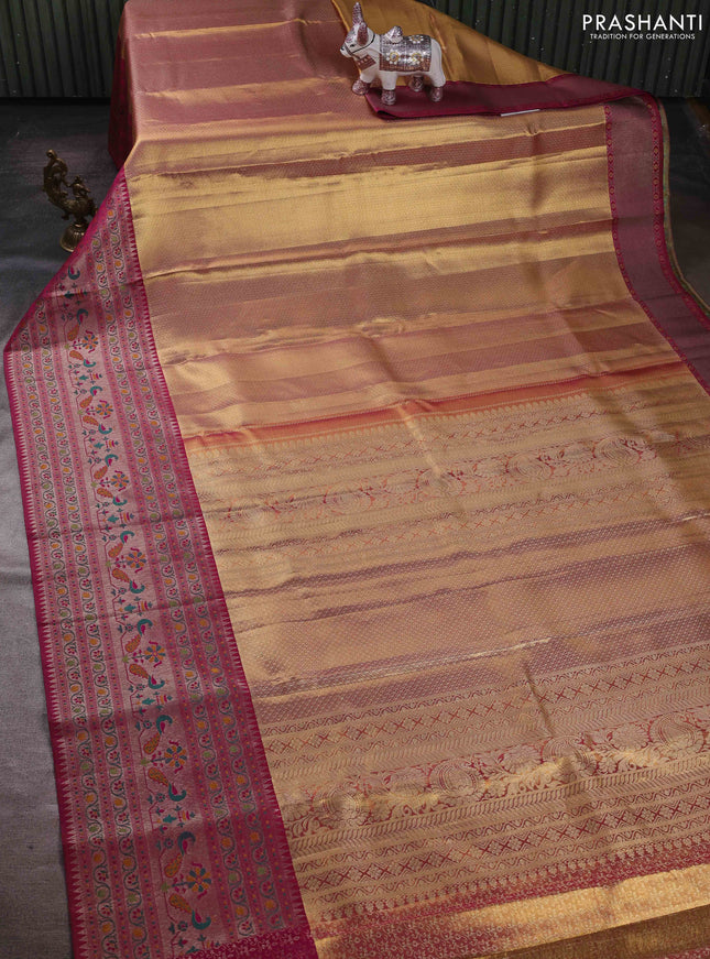 Gold & Magenta Pink Pure Kanchipuram Tissue Silk - Mina Border